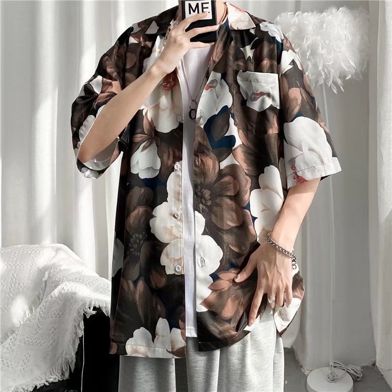 Hong Kong estilo Retro Vintage floral camisa de manga corta Estilo Hawaiano tailandés diseño sentido Ruan guapo camisa suelta para hombres y mujeres