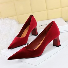 6188-9 Fashionable Simple Banquet High Heels Coarse Heels Women's Shoes Suede West Velvet Shallow Mouth Pointed Single Shoes