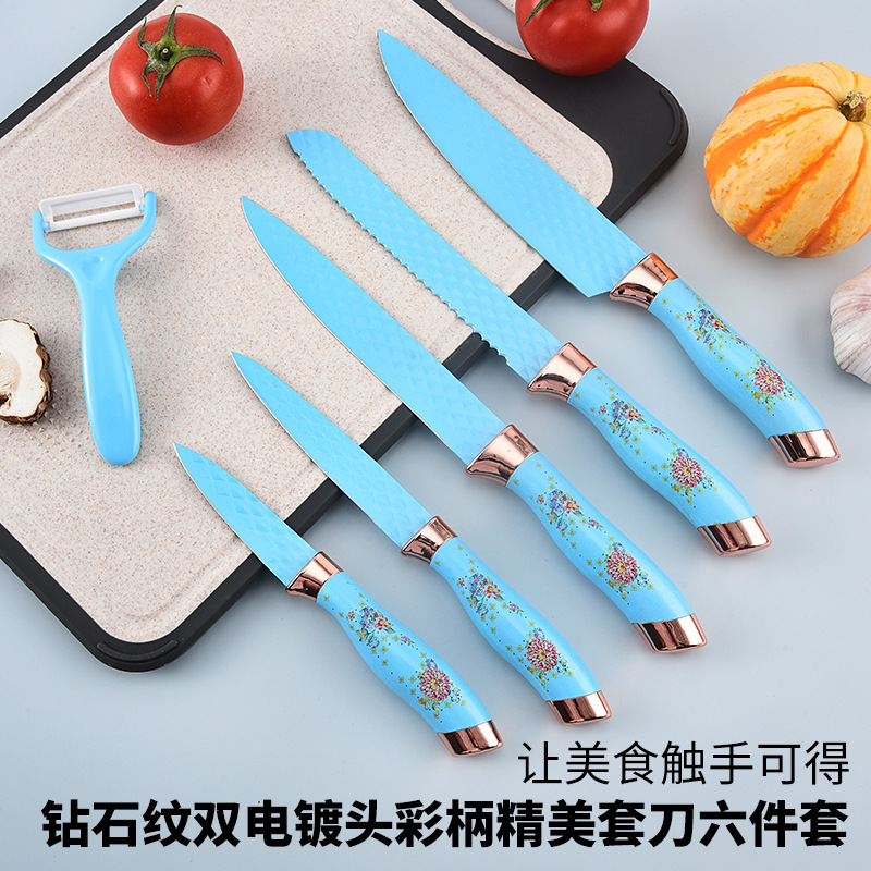 Nuevo patrón de mampostería transfronterizo doble galvanoplastia cabeza de color de flores herramientas de cuchillo de regalo de acero inoxidable herramientas de cocina