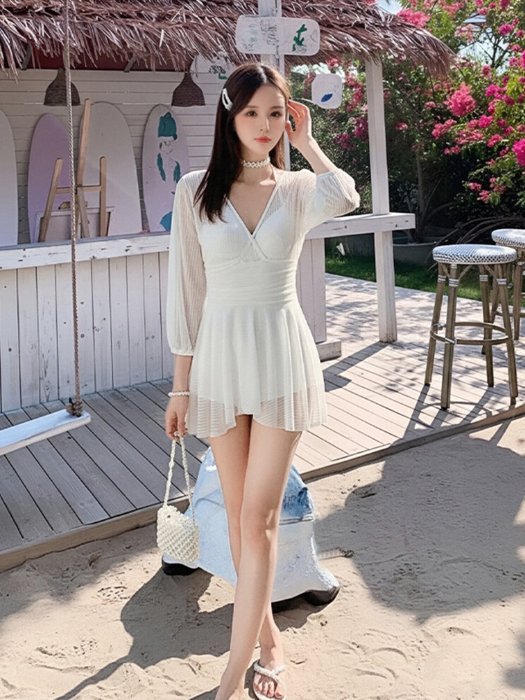 Traje de baño para mujer 2025 verano Internet celebridad nuevo estilo de falda de una sola pieza que cubre la carne y adelgaza con encaje de manga larga traje de baño de vacaciones push-up de pecho pequeño
