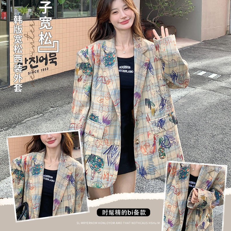 涂鸦印花小西装外套女2025秋季韩系设计感休闲时尚小个子炸街西服|undefined
