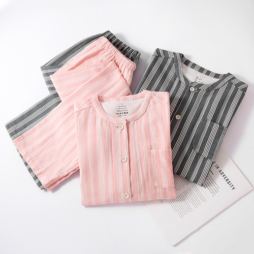 Japanese minimalist pure cotton couple's pajamas double-layered gauze men and women spring and summer thin striped home clothes set