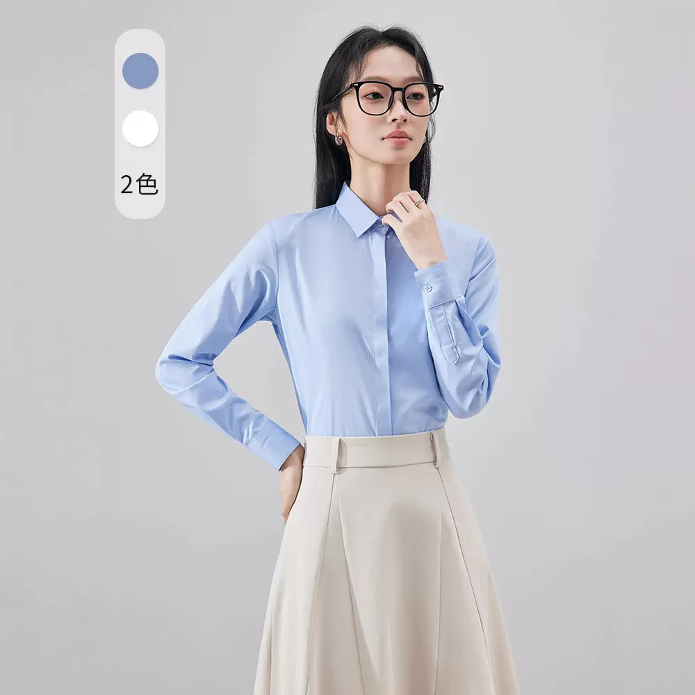 蓝色职业衬衫女春秋职场公考面试正装西装雪纺长袖通勤白衬衣套装