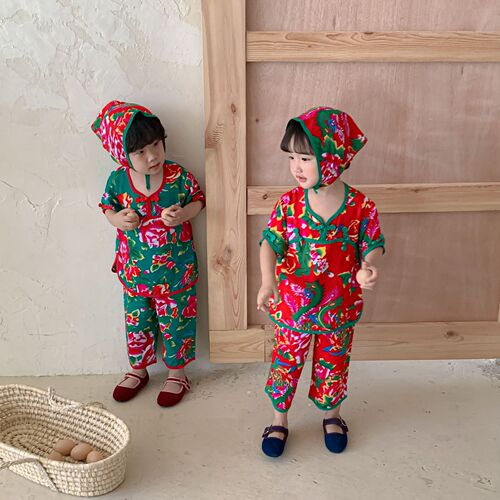 Children's Northeast large floral cloth baby clothes baby short-sleeved pajamas suit summer thin cotton silk Tang suit for boys and girls