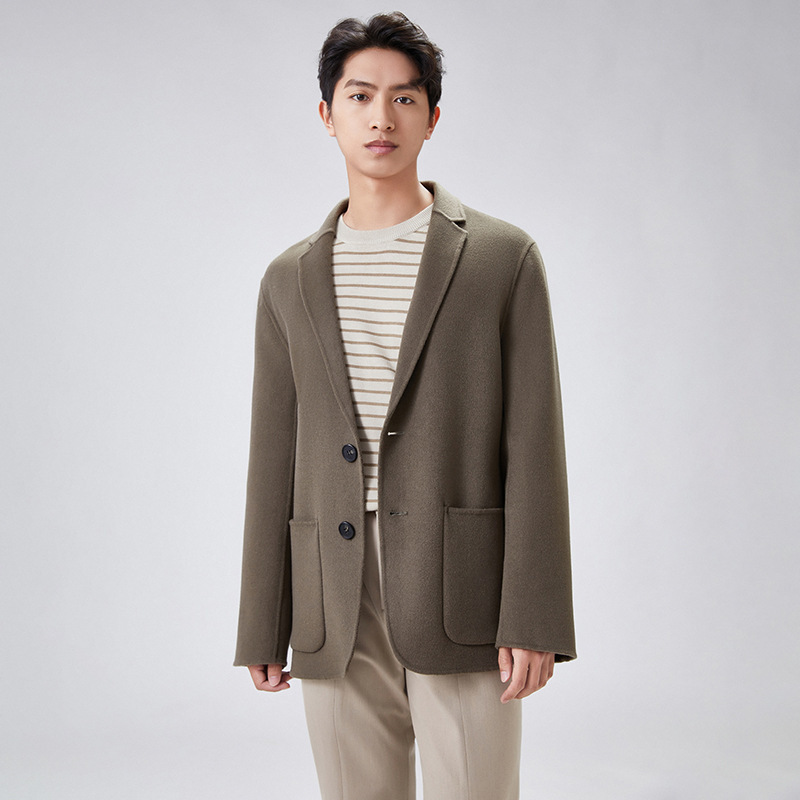 Men's Wool Coat, Light and Mature, Simple Wool Coat with Large Pockets, Short Lapel, Double-Sided Woolen Suit Jacket Coat