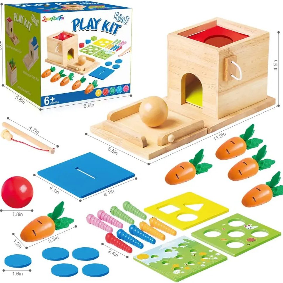 5-en-1 Montessori caja de moneda permanente de madera tirando de forma de zanahoria clasificador niño juguetes de aprendizaje