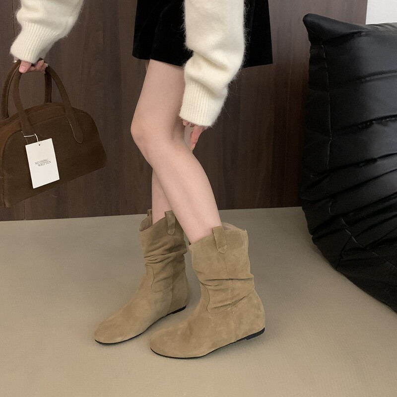 真皮内增高勃肯鞋短靴女2025春秋新款秋冬法式复古堆堆靴骑士靴子|undefined