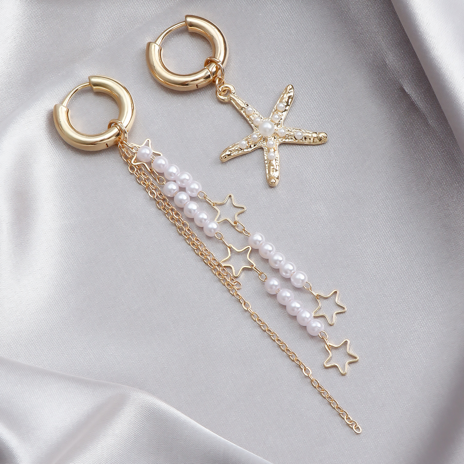 Summer beach detachable asymmetrical earrings with tassels pearl