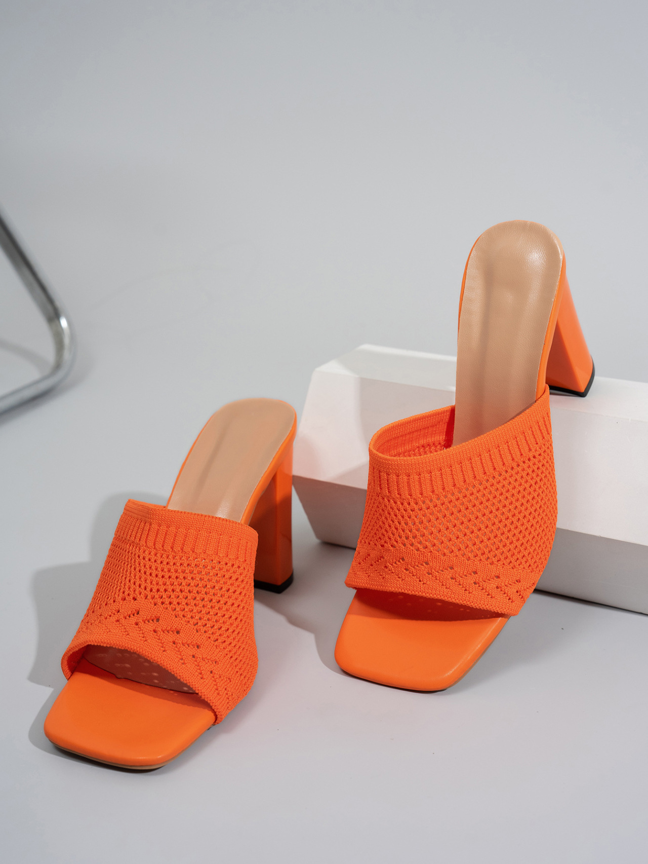 Women's Square Toe Flyknit High Heeled Sandals Chunky Heel Slippers_voghion.com