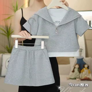 假两件短袖烫钻翻领上衣套装女童显瘦夏季运动T恤半身裙两件套潮9