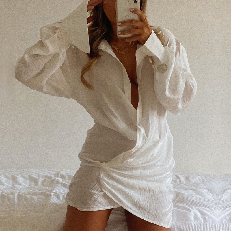 2025 European and American Long-Sleeved White Shirt Sexy Deep V Cross-Border Women's New Product Ins Popular Linen Dress