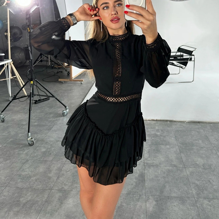 Foreign Trade Fashion Cut Out Design Chiffon Dress for Women 2026 New Style Stand-Up Collar Long-Sleeved Elegant High-Waisted A-Line Skirt
