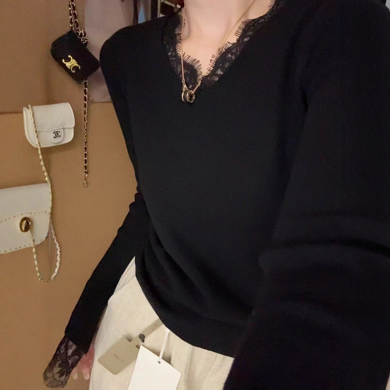 法式气质蕾丝拼接V领针织衫女秋冬超好看内搭毛衣喇叭袖打底上衣|undefined