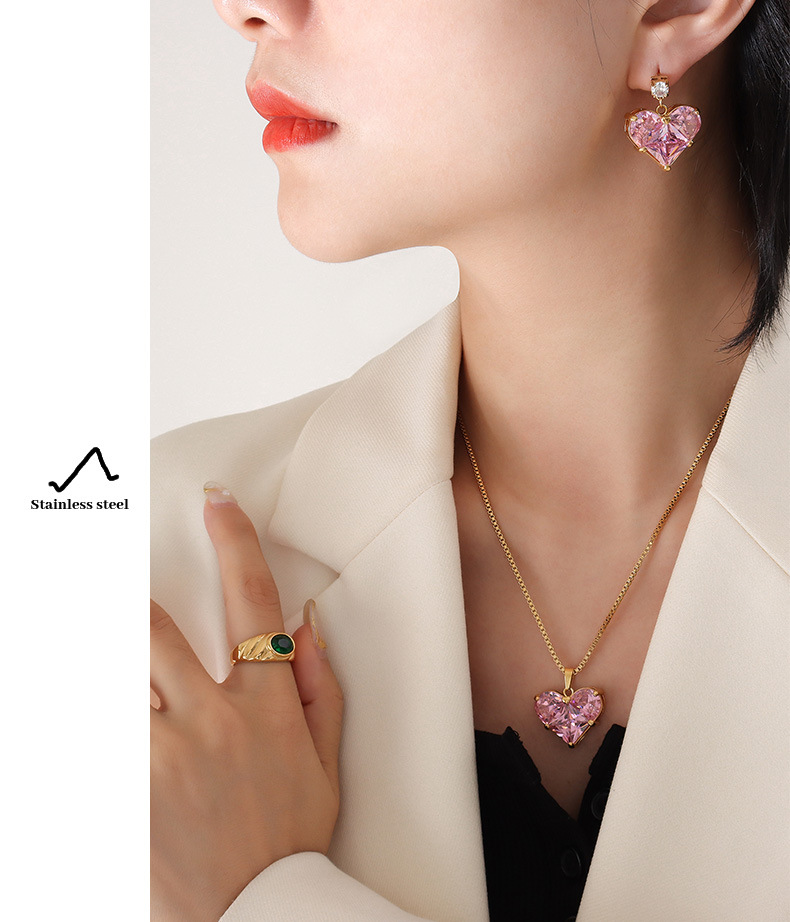 French Style Heart Shape Titanium Steel Pendant Necklace Earrings Zircon Stainless Steel Necklaces