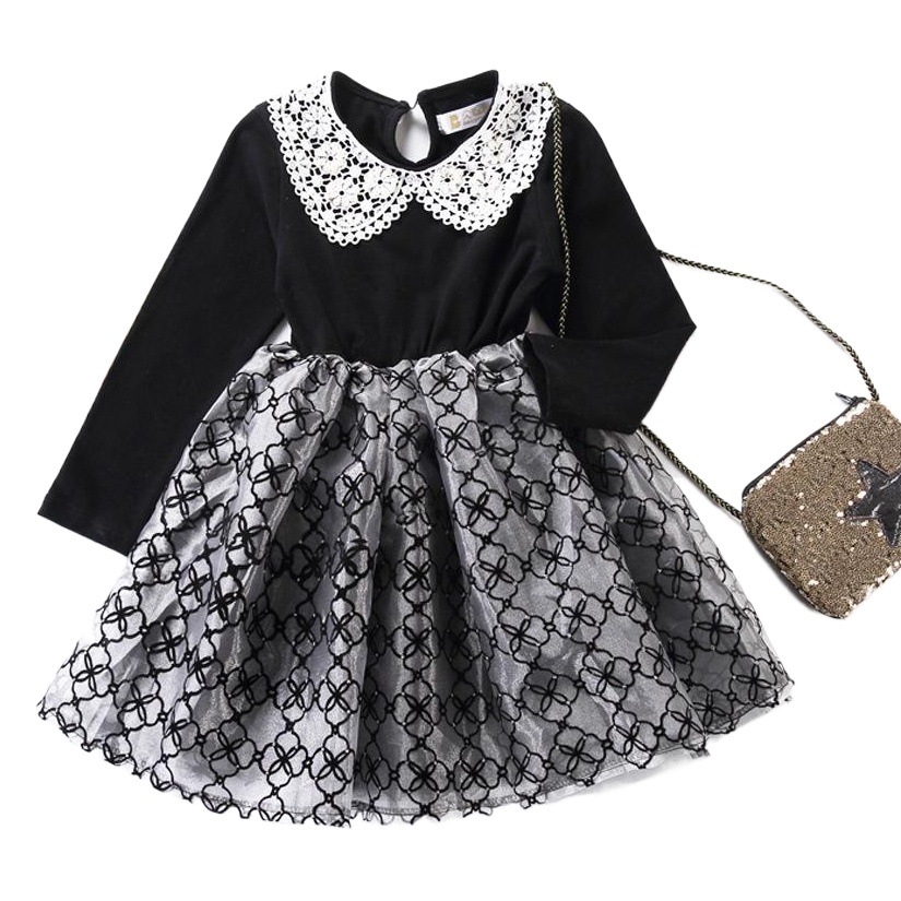 Vestido de los niños del otoño de una sola pieza de entrega estilo coreano niñas de algodón de manga larga vestido de organza a cuadros blanco y negro vestido de princesa