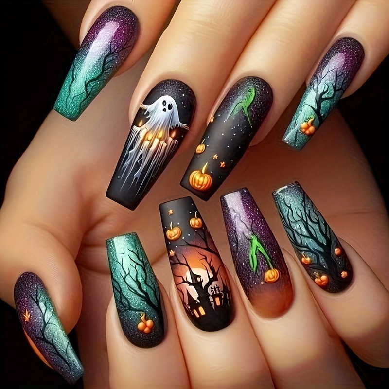 24 Pieces of Halloween Ghost Pumpkin Flame Array Halloween Theme Elements Detachable Wearable Manicure