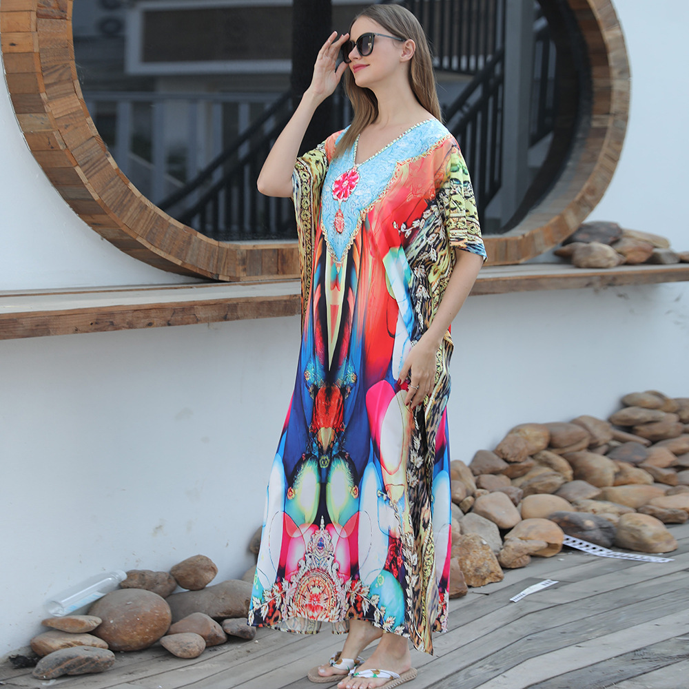 Blusa de playa espejo cruzado Amazon de secado rápido de impresión suelta de posicionamiento bikini bata de vacaciones 5D17