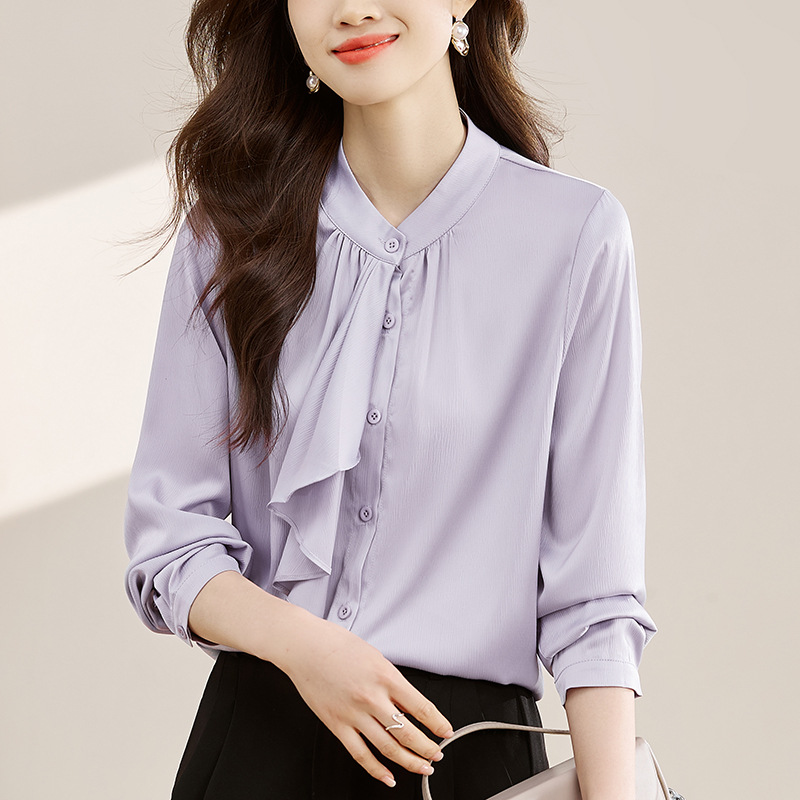 法式优雅设计飘带领结2024春季紫色长袖衬衫女气质通勤职场衬衣