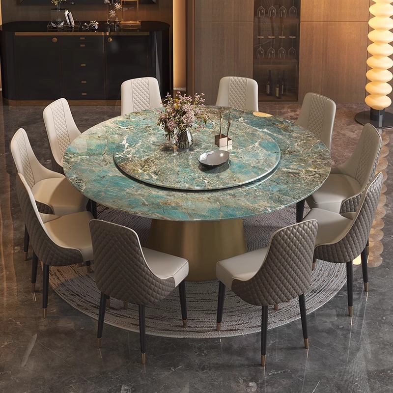 Light Luxury Amazon Green Marble Dining Table Large Villa Home Dining Table with Turntable Round Large Round Table