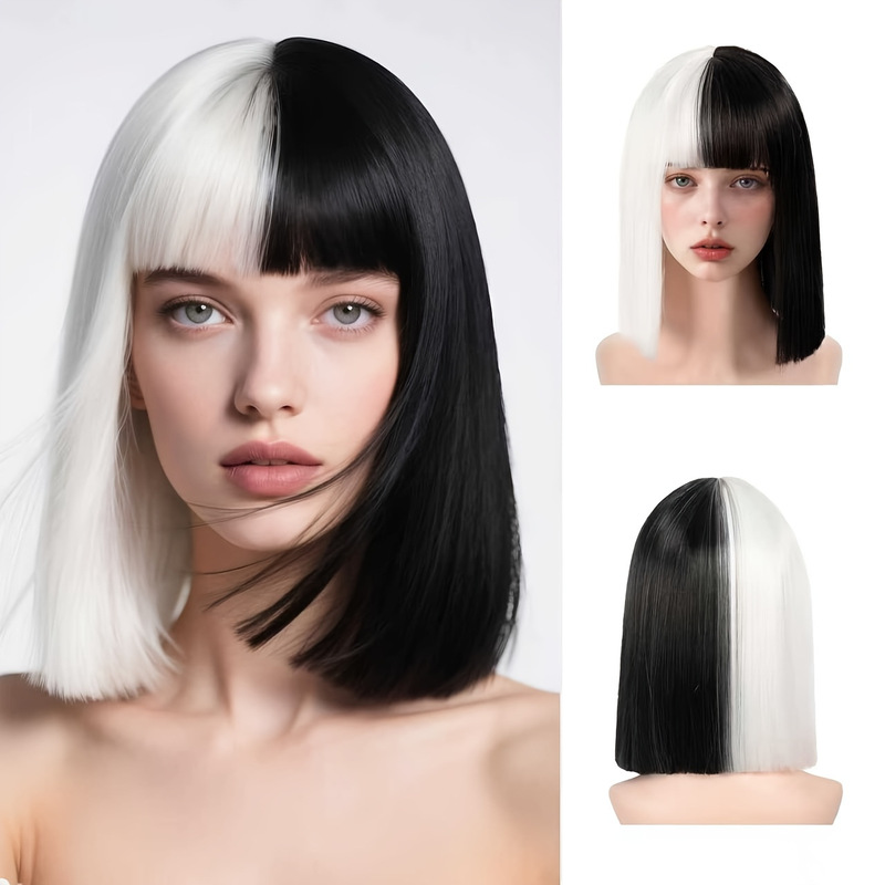 25 Years of Cross-Border European and American Wigs for Women, Full Headgear, Black and White Two-Color Bangs, Bobo Head Short Hair, Color Matching Wig 25 Years of Cross-Border European and American Wigs for Women, Full Headgear, Black and White Two-Color Bangs, Bobo Head Short Hair, Color Matching Wig