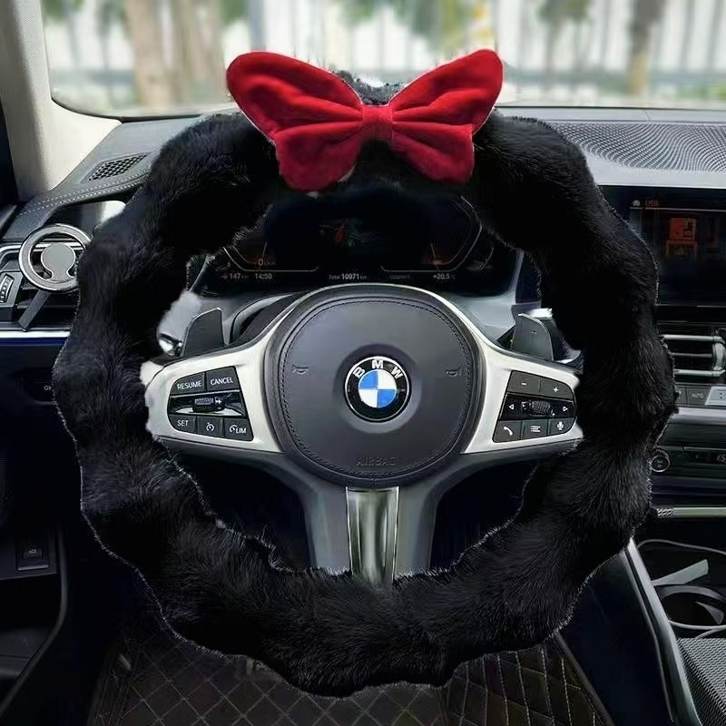 New Car Steering Wheel Cover 38cm Autumn and Winter Plush Winter Fleece Women's High-End Cute Bowknot