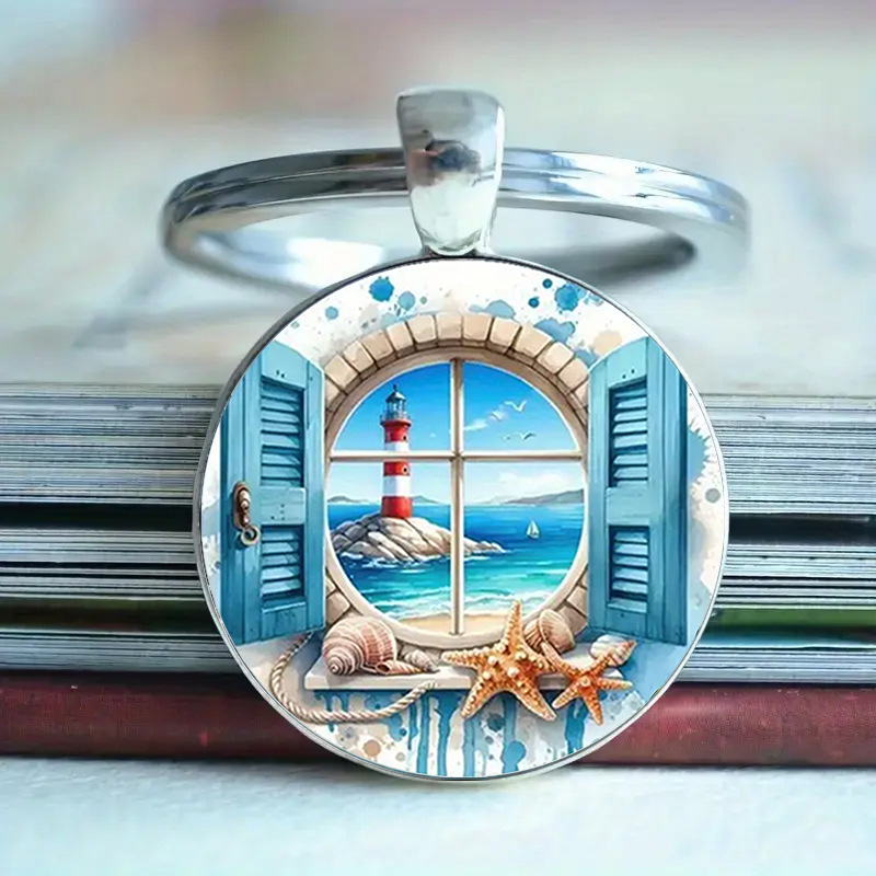 Fashionable Lighthouse and Beach Scenery Pattern Outside the Window Time Gem Alloy Pendant Keychain Factory Direct Sale