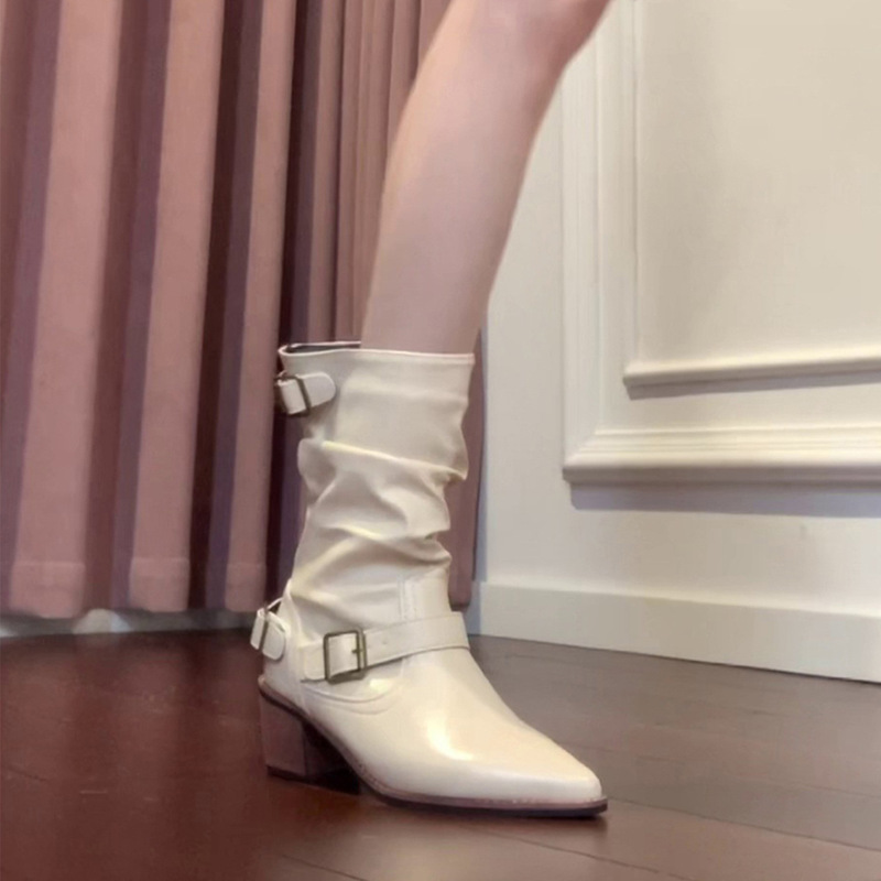 牛皮版~2025新款复古堆堆长筒靴女不过膝百搭尖头粗跟高筒骑士靴|undefined