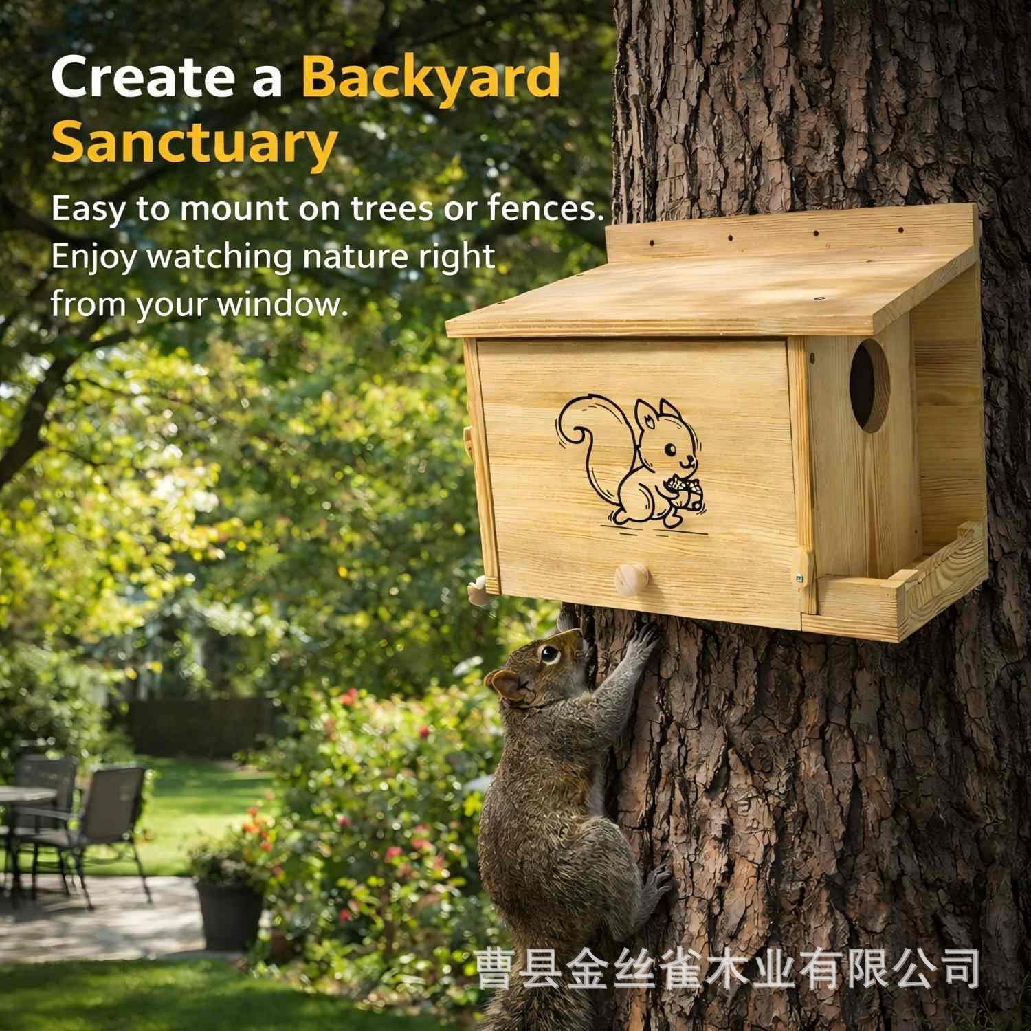 Wooden squirrel nest outdoor garden wall-mounted pet feeder hamster parrot breeding box squirrel habitat 2