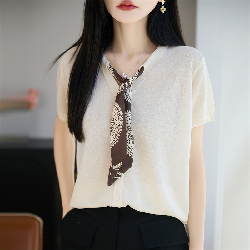 2026 Spring/Summer New Pearl Linen V-Neck Knitted Cardigan Short Sleeve Women's Scarf Solid Color Design Loose Top