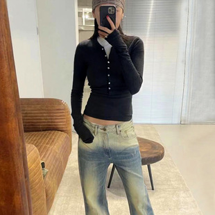 Nabi's Same Alrigh*T Shell Button Wool Henley Shirt Women's Autumn and Winter Slim Long-Sleeved Knitted Bottoming Shirt T-Shirt