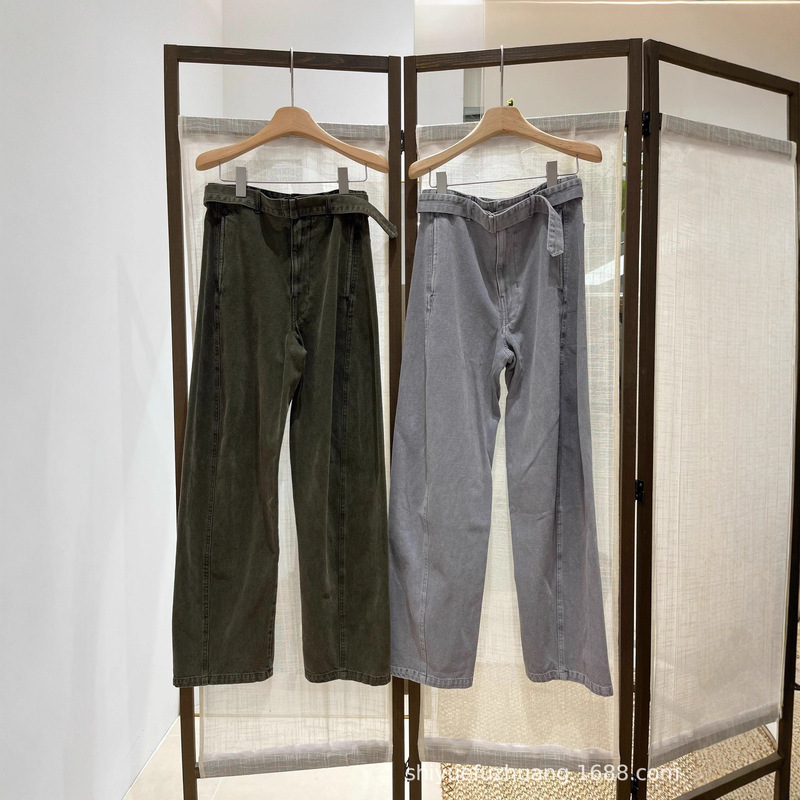 Niche Design 25Lem Moss Green Gray Detachable Belt Twisted Cocoon Scimitar Casual Denim Pants