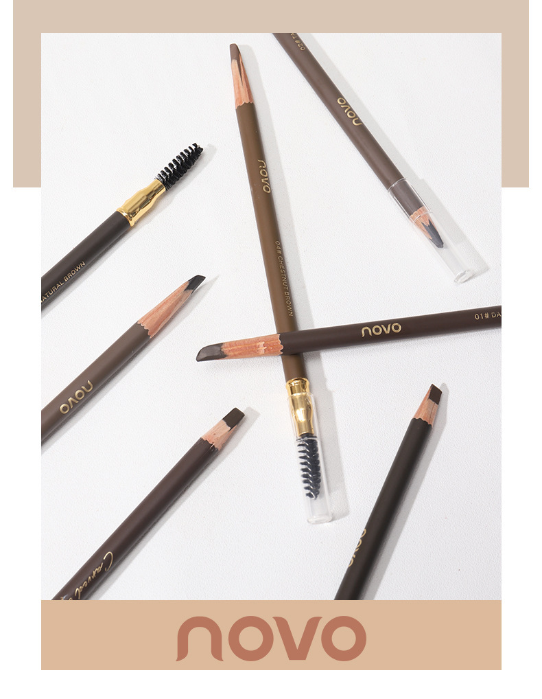 NOVO wooden hard-core double-ended eyebrow pencil is waterproof, sweat-proof, and does not fade. Each tip is distinct. It has a pencil style and can be used to shave duck beaks and flat heads undefined