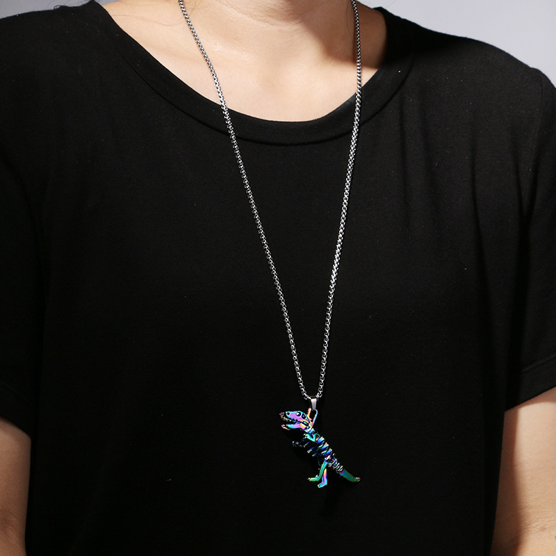 Collana con scheletro di dinosauro colorato, accessorio hip hop alla moda, ciondolo con personalità maschile e femminile, catena per studenti, regalo per coppie e fidanzate._voghion.com