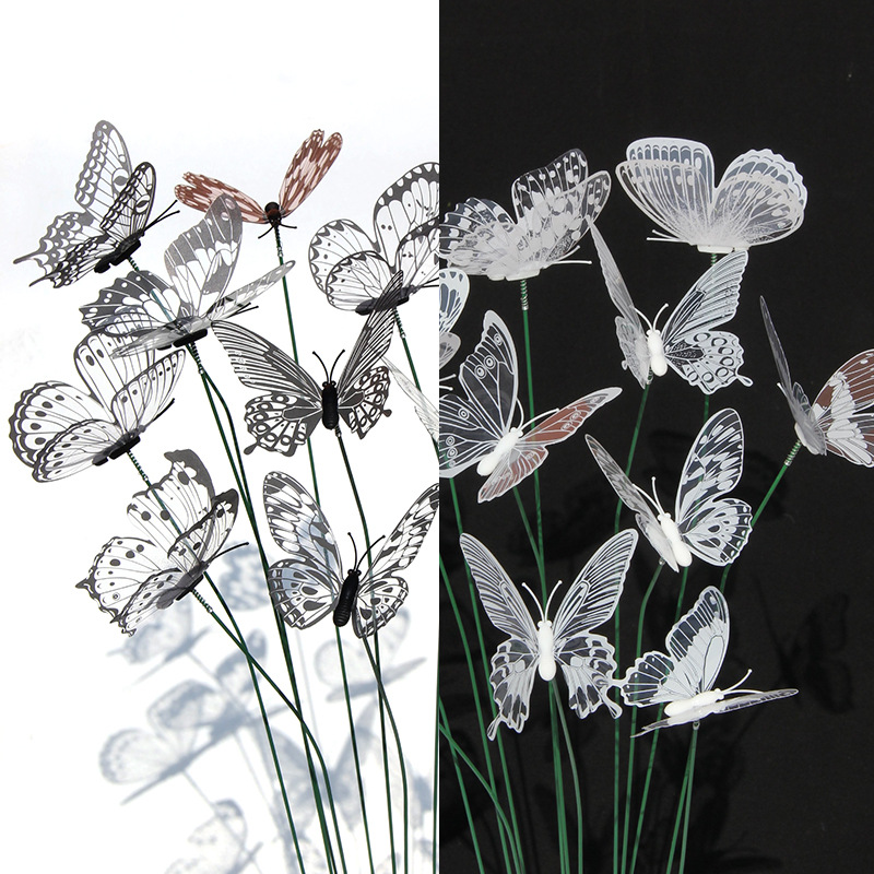 8CM黑白色插扦蝴蝶透明3D立体仿真蝴蝶鲜花庭院户外园艺装饰蝴蝶
