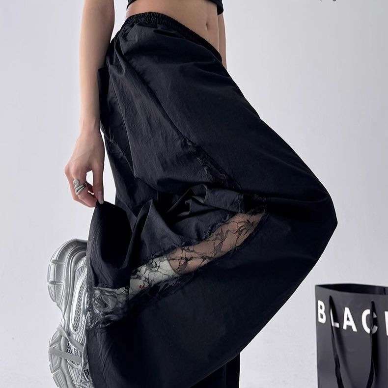 2025 Spring/Summer New Wide-Leg Pants for Women Korean Fashion Versatile High-Waisted Slimming Lace Trim Double-Waist Casual Pants