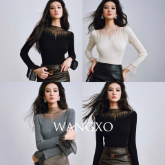 WANGXO｜轻透欧根纱拼接羊毛纱｜呼吸感不规则喇叭袖坑条针织衫