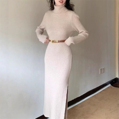 秋冬季高领针织连衣裙女气质显瘦修身打底配大衣过膝开叉毛衣长裙