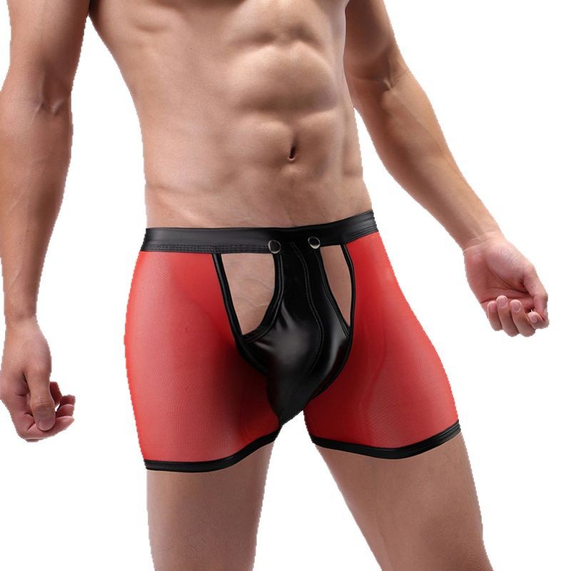 Pantalones interiores de hombre transfronterizas, pantalones de piel sexy, pantalones de malla transparentes, pantalones cortos de bolsillo convexo al por mayor