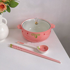 カップラーメンボウル蓋付き寮用学生寝室個人専用ボウルと箸スープボウルかわいい家庭用セラミック食器