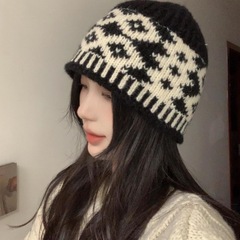 韩国新款小众设计感拼色菱形格针织渔夫帽女秋冬季毛线帽保暖帽子