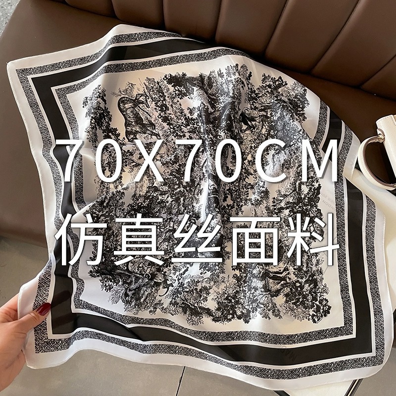 70% seda de imitación, camisa a juego para primavera y verano, pañuelo cuadrado pequeño en blanco y negro, pañuelo para el cuello para mujer, pañuelo fino, lujo accesible