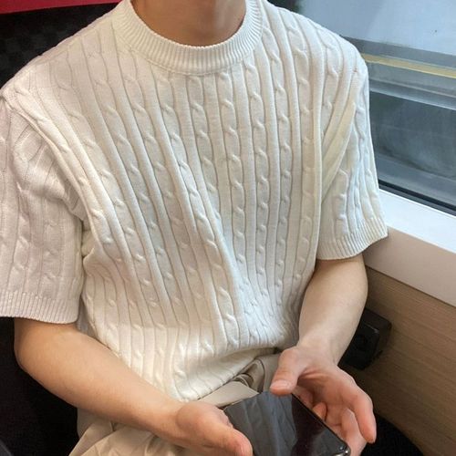 White Knit Short-Sleeve T-Shirt for Men - Spring and Summer Loose Round Neck Sweatshirt with Instagram Chic - Korean Style Casual Men's Top