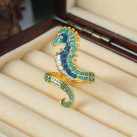 欧美跨境INS风个性蛇形小众戒指18k金沙滩风海马开口戒指饰品批发