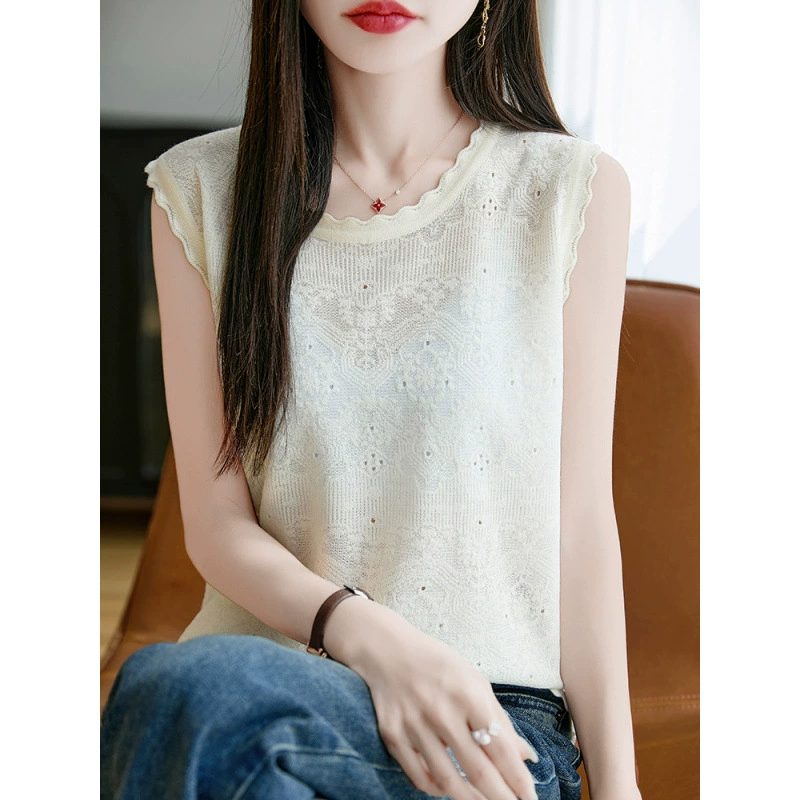 Камвольная шерсть с круглым вырезом полый жилет женский летний модный универсальный трикотажный рубашка без рукавов