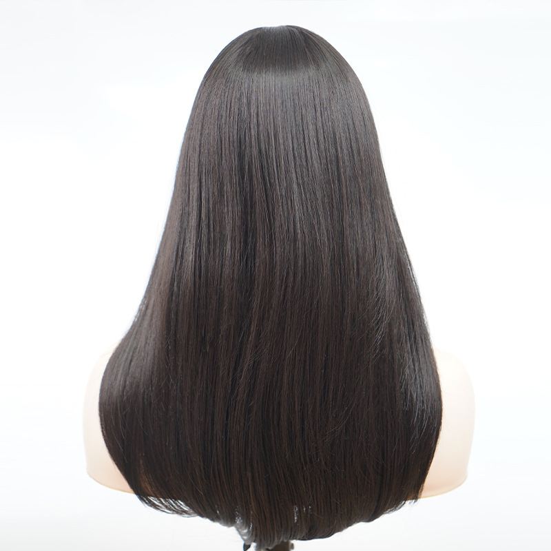 Factory wholesale cross-border European and American chemical fiber artificial hair wig full head cover daily use oblique bangs long straight hair wig_voghion.com