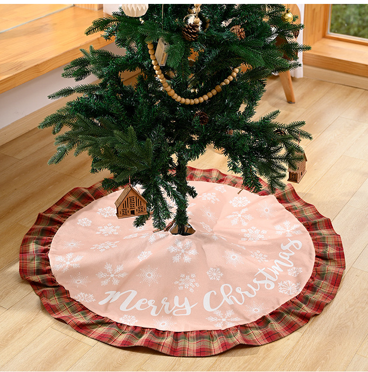 Maison & Jardin Nouvelle jupe d'arbre de Noël décorative en lin à carreaux avec lettres de flocon de neige, tablier de bas d'arbre en lin_voghion.com