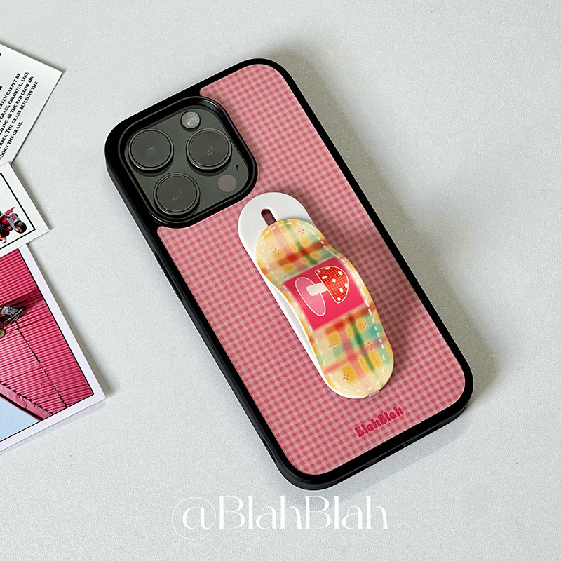 BlahBlah オリジナル バンドエイド ピンクチェック柄 Apple 16promax 携帯電話ケース iPhone15 ブラックエッジ 14|undefined