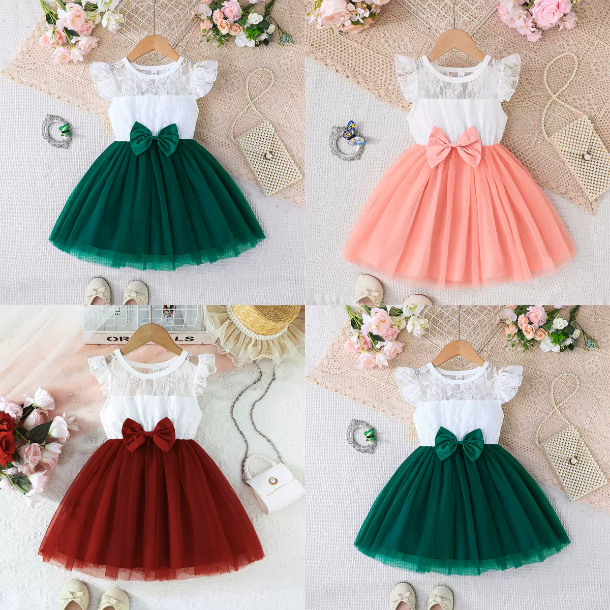 2025跨境夏季女童新款白色纯色拼接纯色网纱连衣裙一件代发