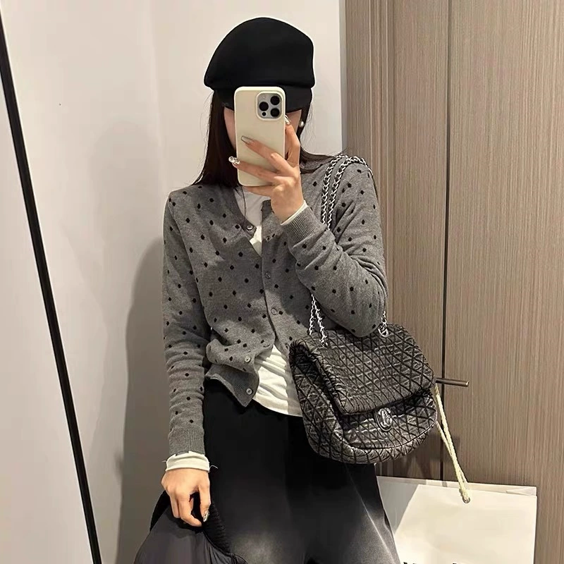 Кардиган демисезон oversized, западный стиль, один размер, вязаный в горошек