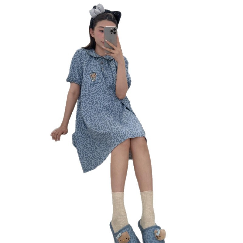 キティ新しいブルーパジャマ女性のルーズテンセル綿半袖ネグリジェ夏 2022 新しいヒョウ柄ホーム服|undefined